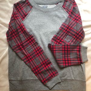 Aerie Gray and Red Plaid Crew Neck Sweater